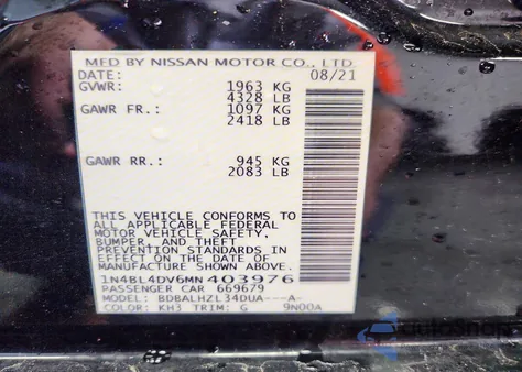 2021 Nissan Altima 2.5 Sv z USA, uszkodzony, nr VIN 1N4BL4DV6MN403976